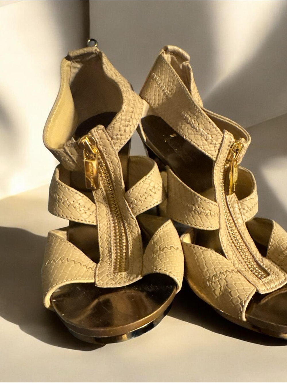 Michael Kors Tan Beige Zip Front Heeled Sandals